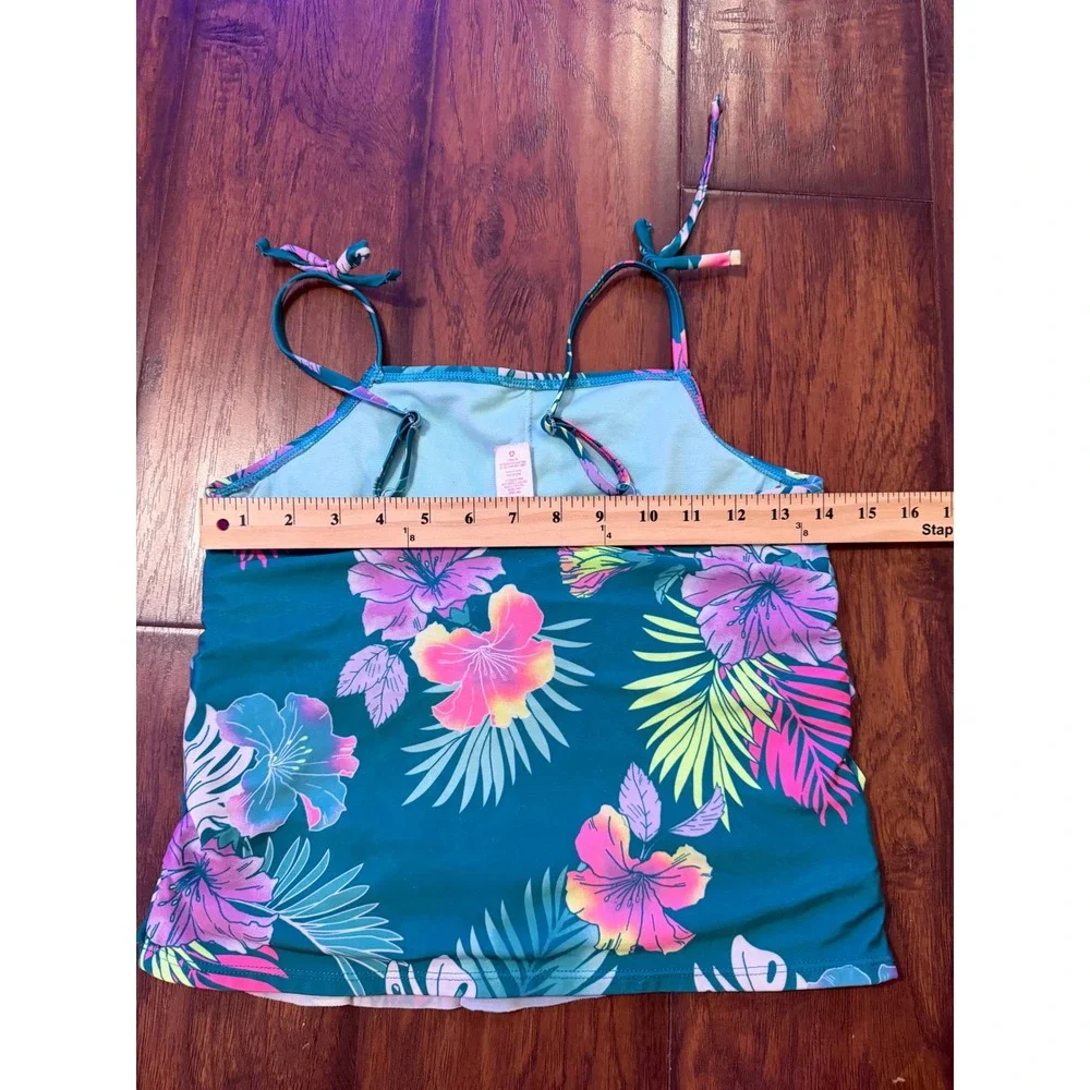 Justice Tankini Swimsuit Kids XL 16/18 Teal Floral Ruffle Excellent 2-Piece Set